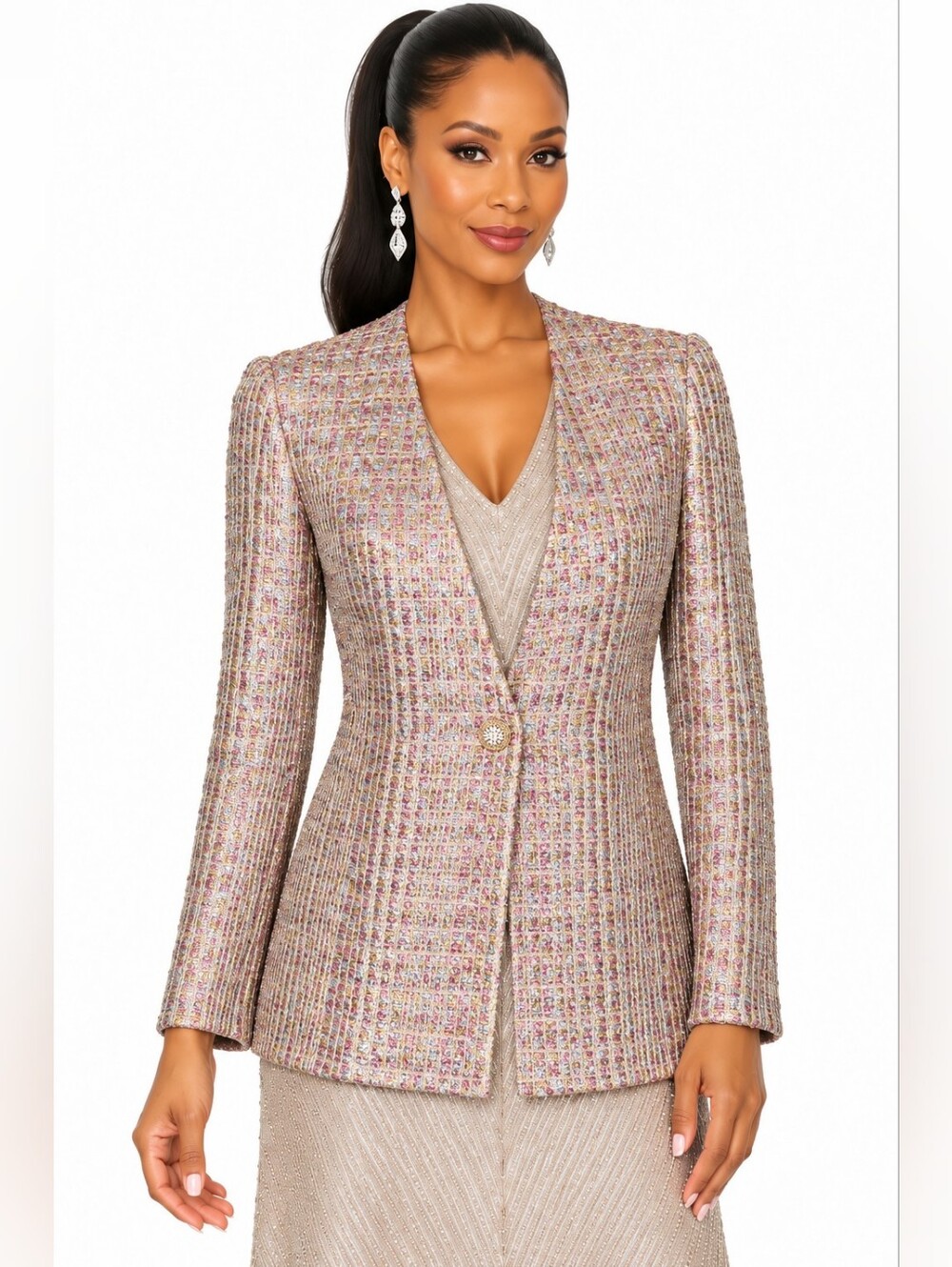 St John Champagne Metallic Crystal Knit Evening Dress Sz 6 Jacket NWT Sz 4